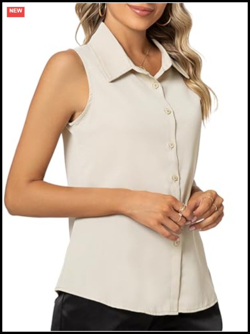 Sleeveless Button Down Shirt Classic Collared Blouse Slim Fit Women's Work Top